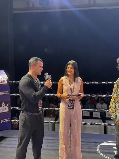 Special guest Neeraj Goyat in the ring with our promoters and host.