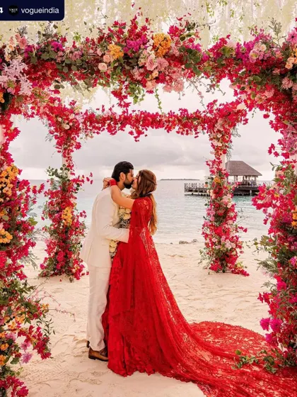 Being a part of this magical beach wedding, featured in Vogue, was an absolute honor. Despite the rain, the bride was radiant in a bold red gown. Her makeup was designed to be weather-resistant and glowing, proving that nothing can dim a bride's shine on her special day.