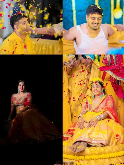 A collage showing the fun and messy moments of a Haldi ceremony, with the groom and bride being playfully covered in turmeric and flowers.