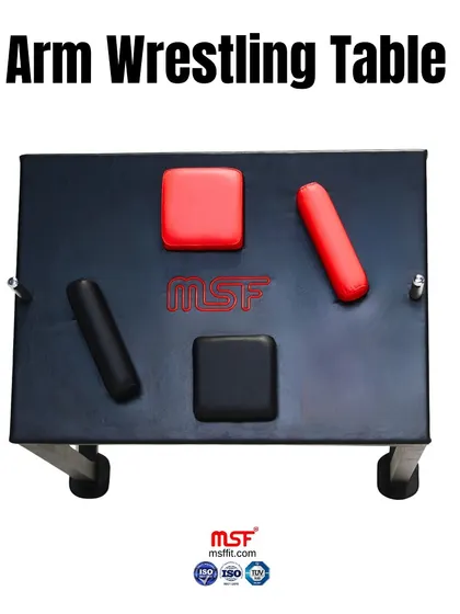 An overhead view of the Arm Wrestling Table, showing the elbow pads and pin placements.