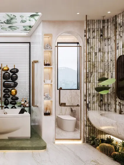 This view showcases the vanity area, with its floating sink and backdrop of vertically-laid marble tiles. The integration of plants adds a biophilic touch.