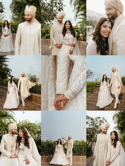A beautiful grid of nine images showcasing the couple's love story in pastel outfits. It includes everything from holding hands to stolen glances, painting a complete picture of their romance.