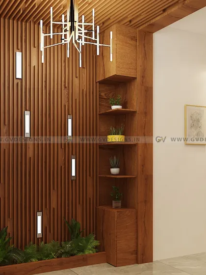This foyer design uses vertical wooden rafters to create a stunning feature wall. Integrated wall lights and a modern chandelier provide ambient lighting, while corner shelves offer a space to display plants and decorative items.