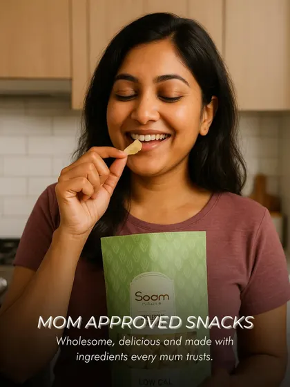 Mom-approved snacks. A woman smiles as she enjoys a wholesome, delicious snack made with ingredients every mum trusts.