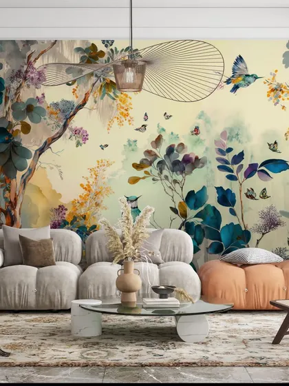 A living room featuring a vibrant, artistic mural that combines floral and nature motifs. This custom wallpaper serves as a stunning backdrop for modern furniture.