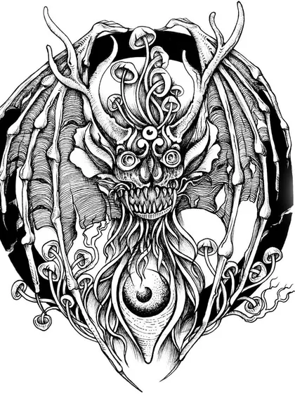 An ink drawing of a winged, dragon-like creature. The design focuses on the skeletal structure of the wings and the texture of the skin, creating a dark and mythical beast.
