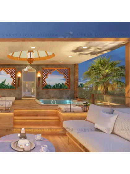 A 3D render of a Moroccan-inspired terrace featuring a raised jacuzzi. The design incorporates intricate latticework, warm wood tones, and ambient lighting to create a private and luxurious spa-like retreat.