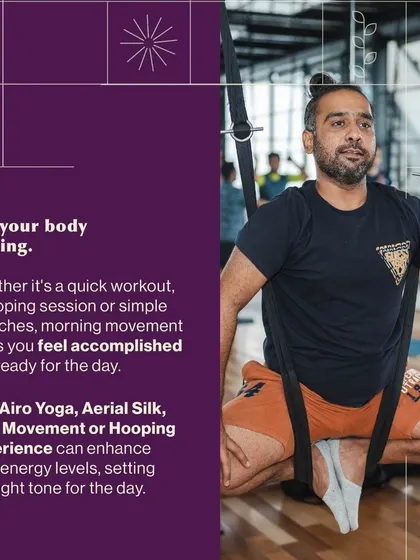 This graphic highlights how our movement experiences, including Airo Yoga and Aerial Silk, can enhance your energy levels and set a positive tone for your day.