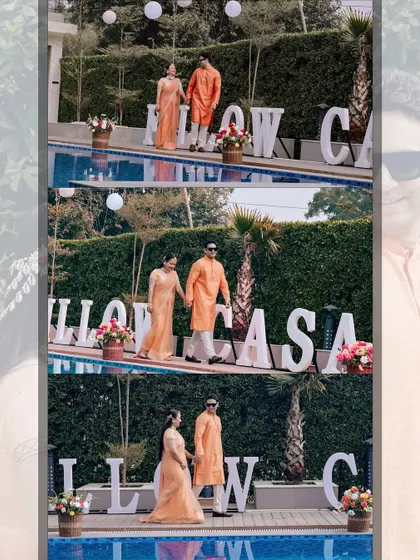 A collage of a couple's poolside Haldi ceremony, capturing their grand entry and stylish poses.