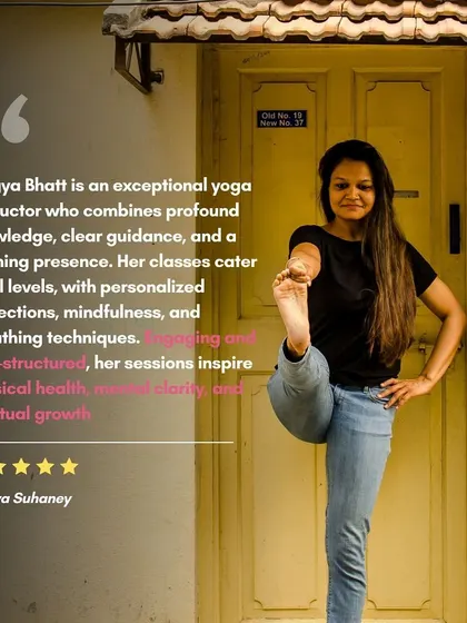 Divya's testimonial describes my classes as a combination of profound knowledge, clear guidance, and a calming presence. My sessions are structured to inspire physical health, mental clarity, and spiritual growth for students of all levels.