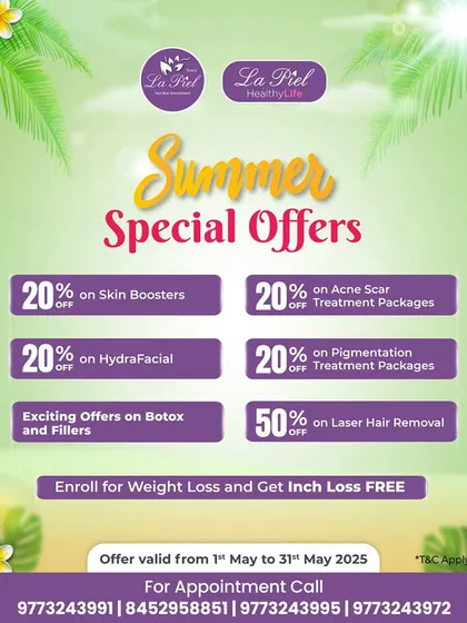 Our Summer Special Offers are here. This poster details the exclusive discounts available for a limited time on services like Skin Boosters, Acne Scar Packages, HydraFacial, Pigmentation Treatments, and Laser Hair Removal.