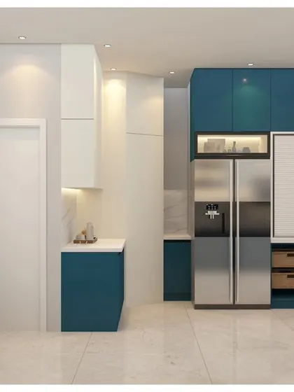 This visualization shows the tall unit configuration for the teal and white kitchen, with a seamlessly integrated refrigerator and pantry space.