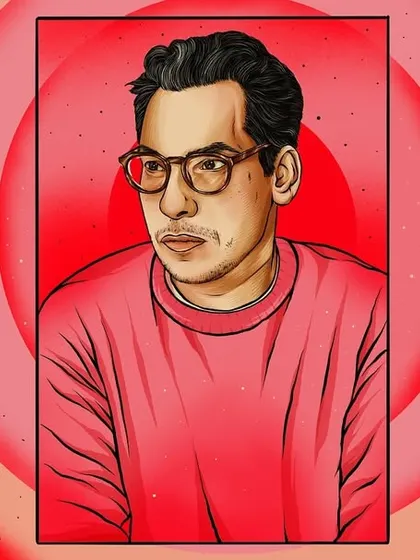 This portrait of Rogê for Bandcamp Weekly uses repetition and a target-like background to create a dynamic, pop-art feel.