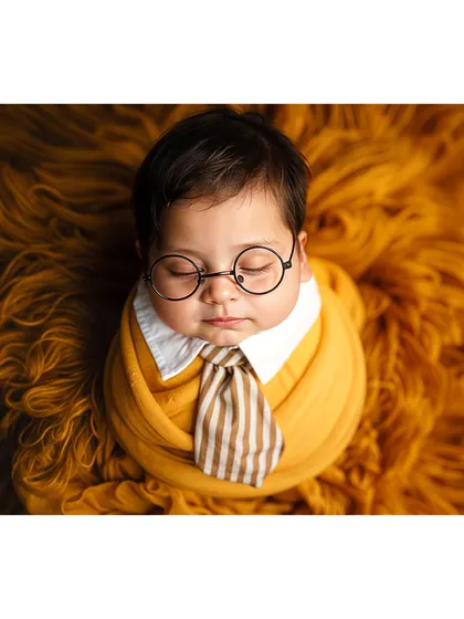 A magical Harry Potter-themed newborn portrait. This adorable setup features a baby dressed as a tiny wizard, complete with round glasses and a striped tie, ready for Hogwarts.