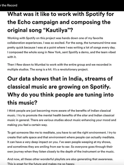 An article from Spotify's 'For the Record' blog detailing my work on the 'Kautilya' project. It explains my process of blending traditional ragas with modern production.