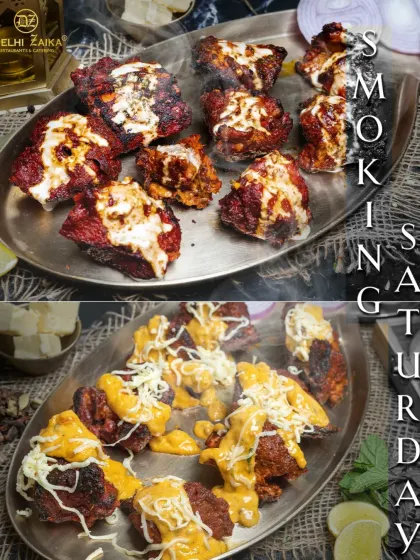 A tale of two tandoori styles. On top, you see the classic Barra Tandoori, with its deep red colour and charred edges. Below, the same tender pieces are tossed in a rich, cheesy sauce, offering a creamy and indulgent alternative. Both are perfect for a "Smoking Saturday" feast.