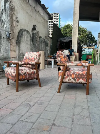 Another angle of the vibrant, patterned chairs.