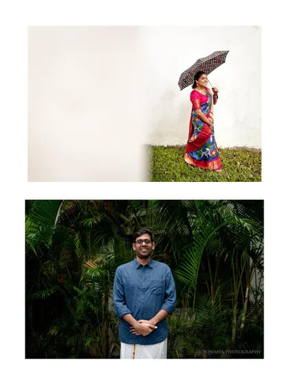 A simple and charming portrait collage. The bride with an umbrella and the groom against a wall of green create a story of classic, understated style.