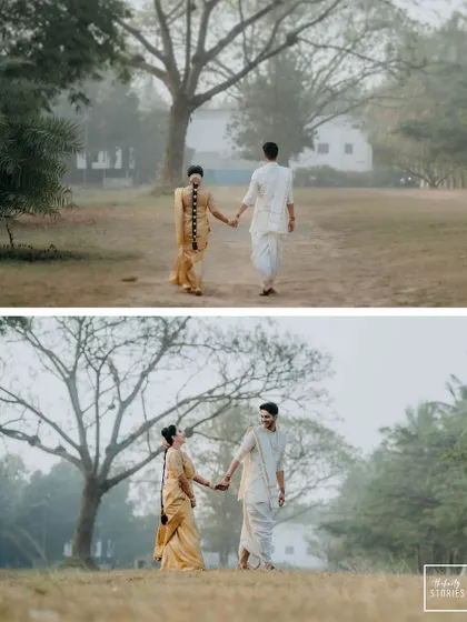 A diptych showing the couple walking hand-in-hand through a misty field, creating a serene and timeless image of their journey together.