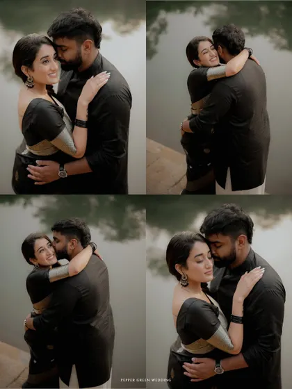 A collage of Ushas and Brian's affectionate embraces by the temple pond. The matching black outfits create a striking and elegant contrast against the natural setting.