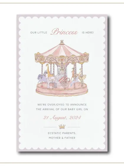 To announce the arrival of a little princess, we designed this whimsical birth announcement card. The centerpiece is a custom-illustrated carousel in soft pastel watercolors, complete with charming animals, creating a cherished memento for the family.