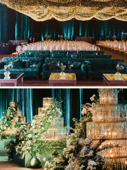 A split view of the emerald lounge seating and the towering crystal cake installation, showcasing two key elements of a dramatic and opulent evening celebration.