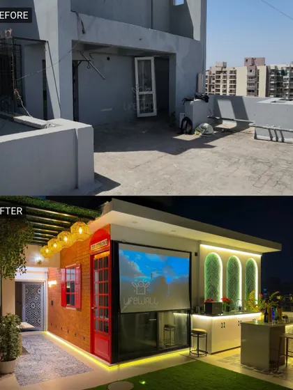 A forgotten corner is now the main attraction. We built a custom porta cabin with a projector screen for movie nights and a stylish bar, turning this space into a unique indoor-outdoor entertainment zone.
