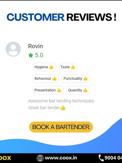 "Awesome bar tending techniques. Great bar tender." Short, sweet, and to the point. This review confirms the talent and skill my bartenders bring to every party.