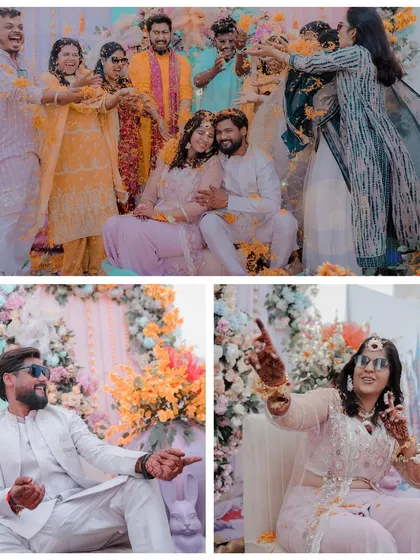 This collage captures the fun and candid moments of a Haldi ceremony. It shows the couple enjoying the rituals, posing with swag, and being celebrated by their loved ones.