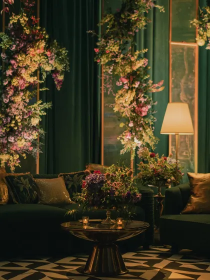 A cozy corner in the emerald Sangeet, with a velvet green sofa, patterned carpet, and warm floor lamps creating an intimate and luxurious feel.