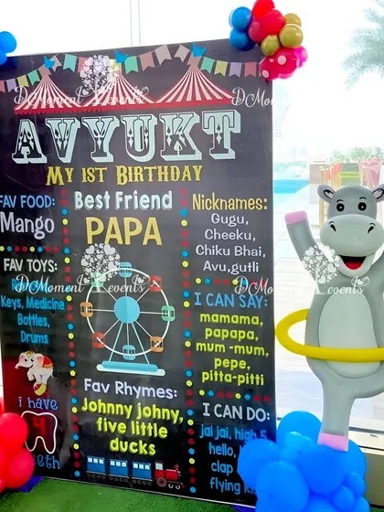 A personalized chalkboard-style sign for Avyukt's first birthday, listing all his favorites, from foods and toys to rhymes and nicknames.