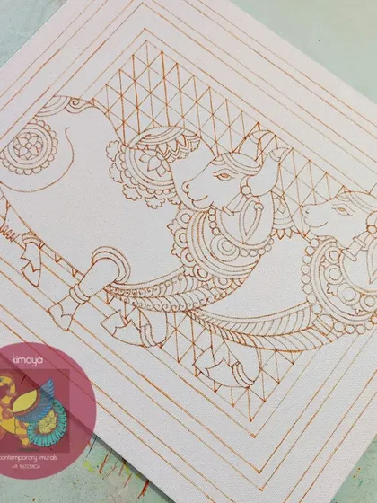 A duplicate of the Pichwai cow outline, ready for a different color treatment. I often explore multiple variations of a design that I love.