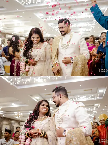 A collage of the couple's joyful exit from their wedding ceremony, showered with flower petals by their loved ones.