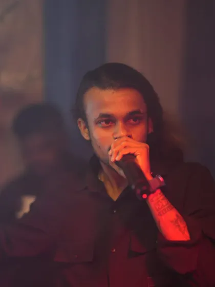 A close-up of me on the microphone, addressing the crowd between songs.