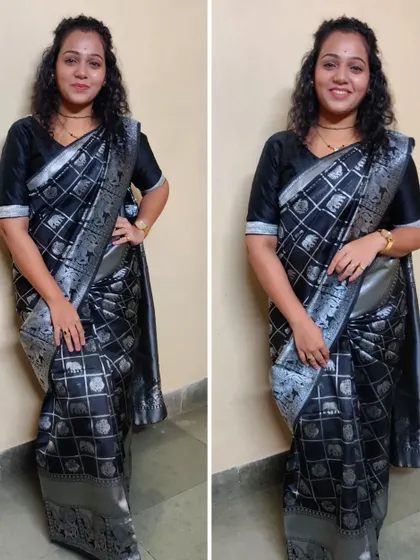 The Basic Saree drape, also known as the Ulta Pallu, is a timeless classic. Here it is on a beautiful black and silver silk saree, showcasing a modern yet elegant look suitable for any event.