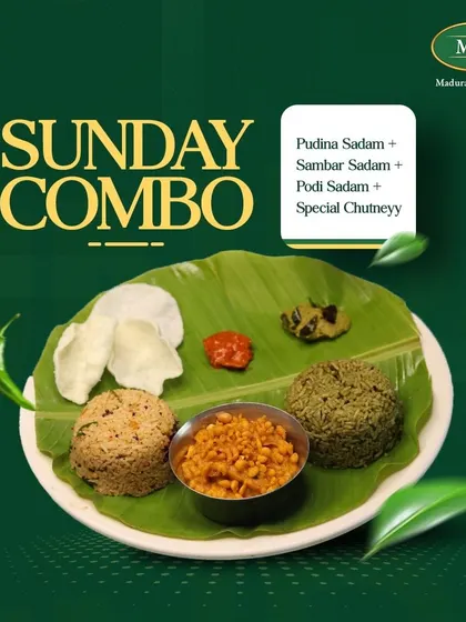 Our Sunday combo features a delicious mix of Pudina Sadam, Sambar Sadam, and Podi Sadam, served with special chutney and crispy papads.
