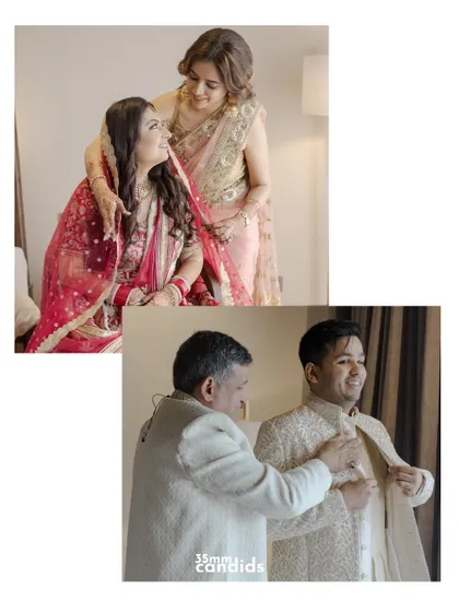 A touching collage of the bride with her mother and the groom with his father during their getting-ready moments. A beautiful tribute to parental love and support.