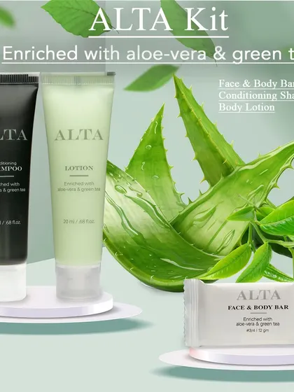 We create informative graphics for beauty products, combining a shot of the full skincare kit with text overlays that list the key ingredients and items included.