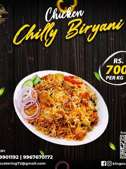My Chicken Chilly Biryani is for those who like it spicy. It's a fusion dish that combines the flavors of Chinese chilly chicken with traditional biryani. Available for ₹700 per kg.