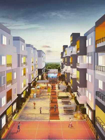 A 3D visualization of the Anand Somu Pristine gated community. The design focuses on the streetscape as an interactive space for play and gathering, with a central recreation area including a badminton court and pool.