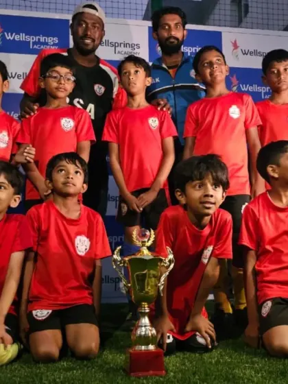 Our U8 boys, on their first-ever competitive outing, proudly holding their Bronze Cup winners trophy from the Wellsprings Academy tournament.