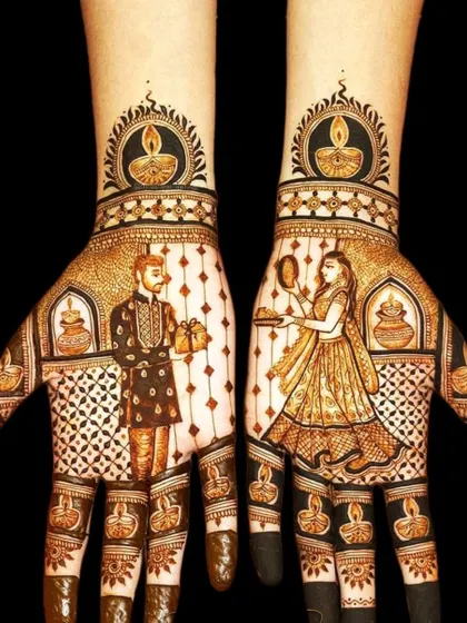 A beautiful symmetrical design for Karwa Chauth, showing the husband and wife on opposite palms. The artwork is framed by diyas, adding to the festive glow.