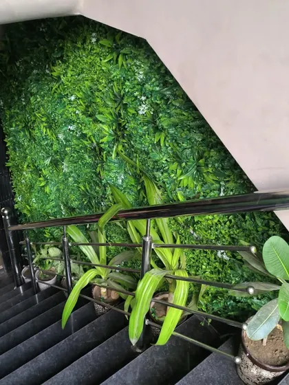 Another angle of the Corfit gym entrance. The green wall contrasts beautifully with the black marble stairs and steel railings.