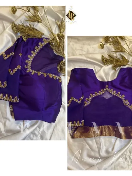 A purple blouse with a unique back design that incorporates the saree's zari border. The embroidery is kept minimal to let the pattern shine.