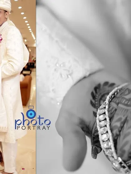 An album-style image combining a full-length couple portrait with a close-up of their hands, symbolizing their union.
