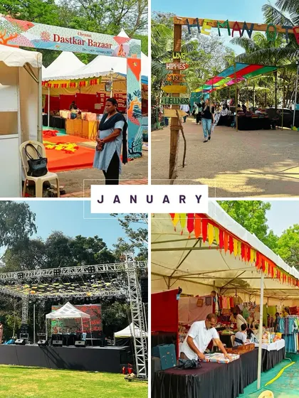 A glimpse into our projects from January. This collage includes the Dastkar Bazaar and other festival setups, starting the year with vibrant and large-scale events.