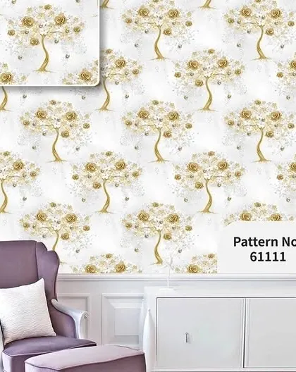 A room mockup with a stylized tree wallpaper featuring gold roses on a white background.