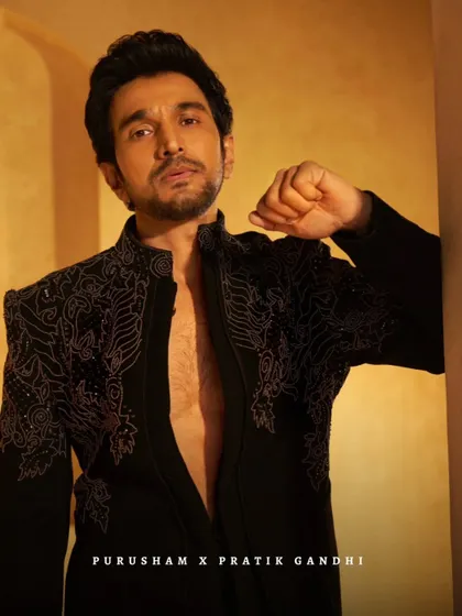 It was a pleasure to dress the talented Pratik Gandhi. This black bandhgala jacket, with its bold, textural embroidery, was crafted to project an aura of quiet confidence and power, a look he carries with effortless command.