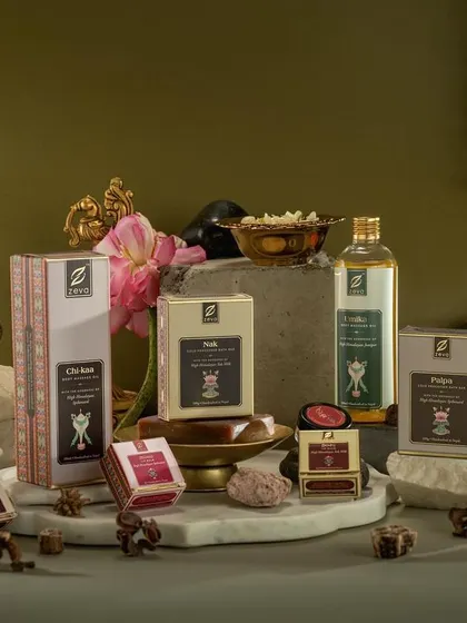 A full product line showcase we shot for Zeva, an ayurvedic beauty brand. This image demonstrates our ability to style and shoot a large collection, creating a cohesive and luxurious brand world with intricate props and balanced composition.