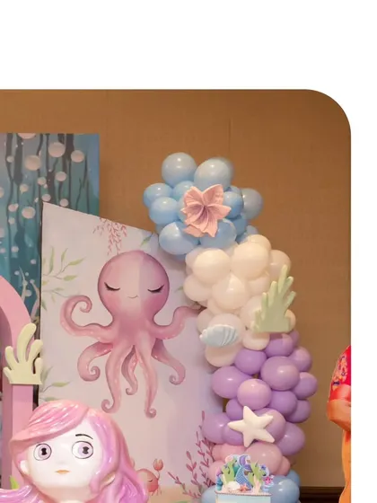 Details from Kiara's mermaid party, which we planned from a long distance. This setup features a cute octopus, a mermaid cutout, and balloon arrangements in ocean colors.